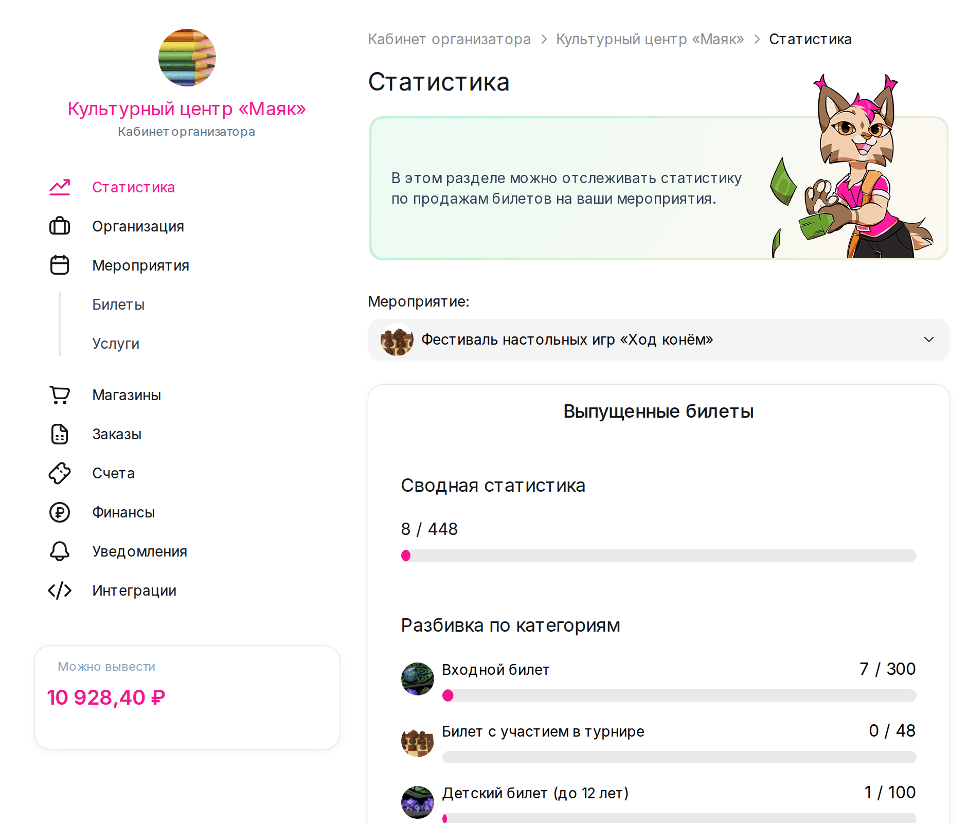 Раздел «Статистика»: выпущенные билеты по категориям